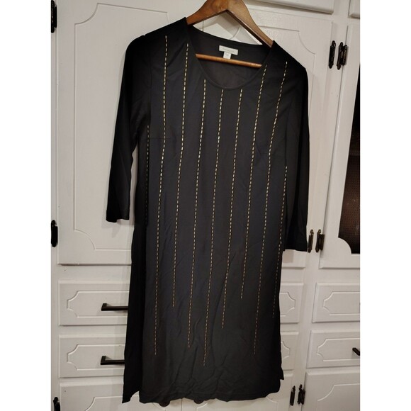 Garnet Hill Shift Beaded Dress Black Women Size 4 V Neck 3/4 Sleeves - Picture 1 of 9
